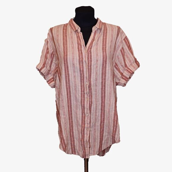 Aritzia Community Linen Striped Button Up Top Sz M - Picture 1 of 5